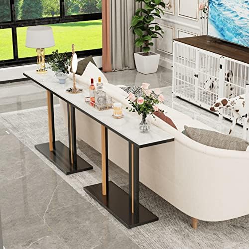 FATIVO Marble Console Table Sintered Stone:Luxury Modern Hallway Tables 118x30x78cm Snow Mountain White Textured Clear Marble Tabletop with Black and Gold Geometric Line Pedestal for Home Decor