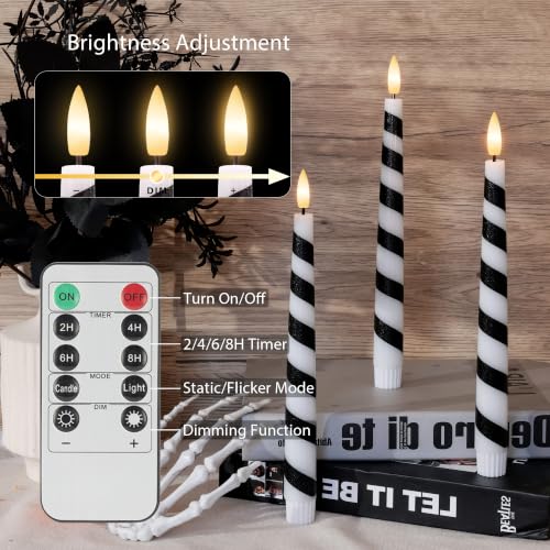 Image of Halloween Taper Candles Striped, Black and White Flameless Candles 3 Pack | Flickering LED Candlesticks with Remote and Timer, Warm 3D Wick Light, Home Table Mantel Party Festival Decor 9.6 Inches