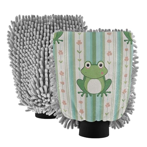 Flradish 2 Pack Frog Stripes Car Wash Mitt Chenille Microfiber Lint-Free Scratch Free Ultra-Soft Absorbent Car Wash Mitt 10.2x7.09 Inch