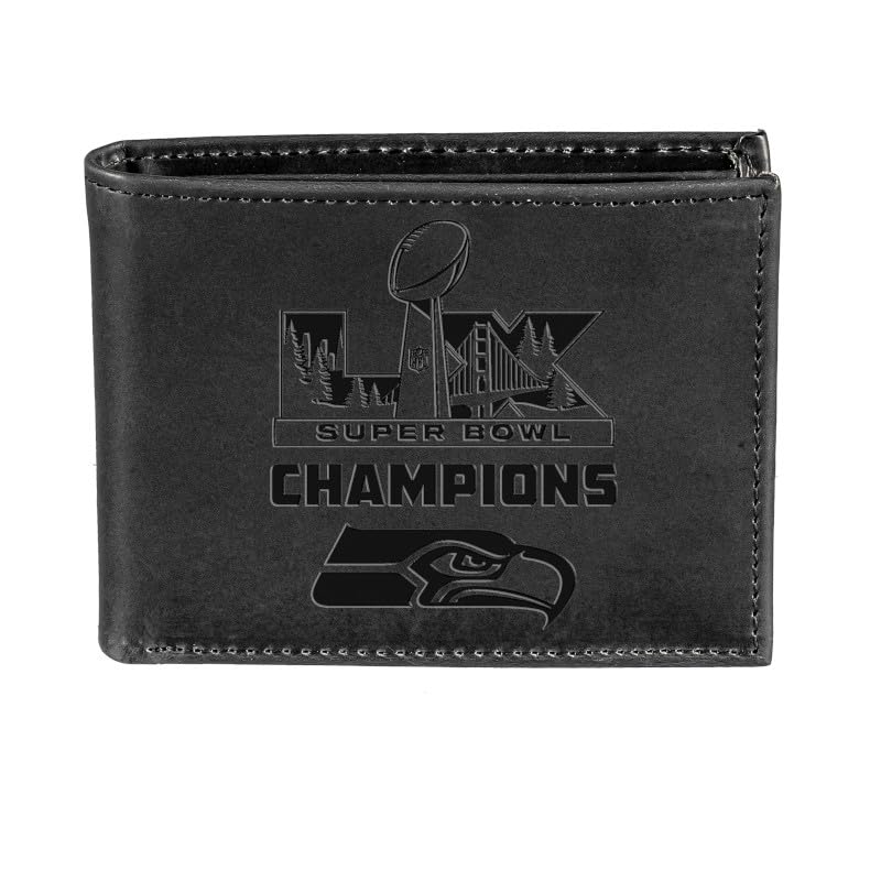 Team Sports America NFL Seattle Seahawks Wallet for Men 2026 Super Bowl LX 60 Championship Officially Licensed Stamped Logo Minimalist Leather with Money and Card Organizer (Black Bi-fold)