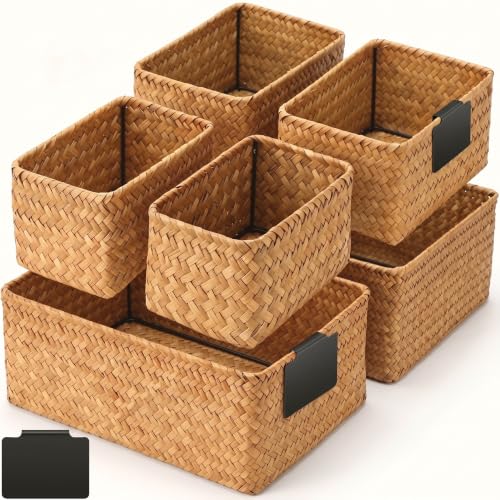 Marsui 6 Pcs Wicker Storage Baskets for Pantry Organization with Labels