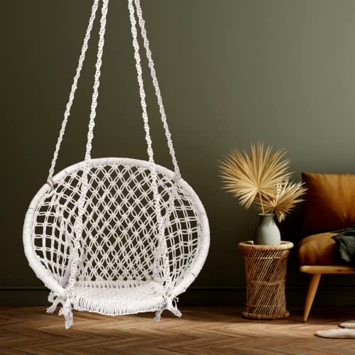 Image of Patiofy Cotton Netted Round Large Swing for Adults /Swing for Balcony /Swing Chair for Adults for Home /Hammock Swing for Adults /Swing Chair Wooden /Without Hanging Kit (120Kgs Weight Capacity- White)