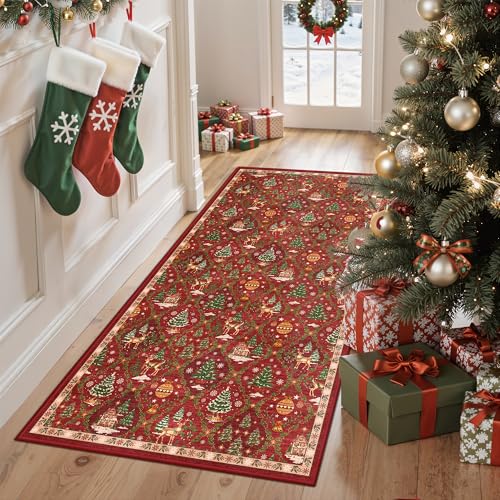 Madane Christmas Washable Runner Rug 3x6 Red Rug Runners for Hallways 6 Foot Non Slip Vintage Kitchen Runner Ultra-Thin Bathroom Xmas Holiday Decor Carpet Laundry Room Bedroom