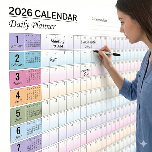 Image of ThinkCrafts 2026 Wall Calendar Daily Planner, Large Format 28.5x19 Inches, Writable Surface with Color Dot Stickers, 12 Month Organizer