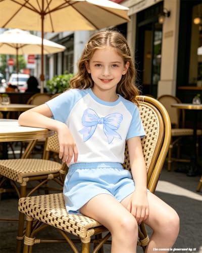 Image of Bestuline Girls Summer 2 Piece Outfits,Basic Short Sleeve Top & Shorts Set with Side Pockets,4-14Y