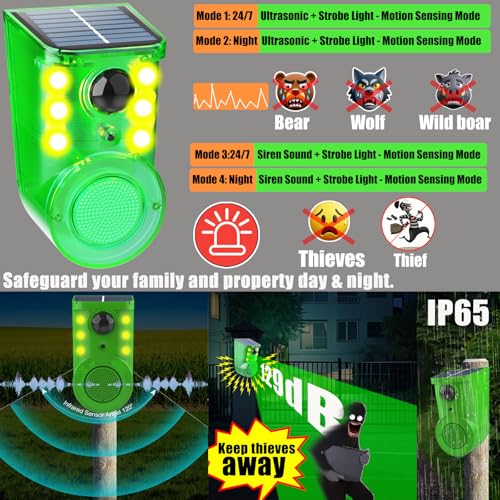 Image of Solar Outdoor Motion Sensor Alarm - Ultrasound & Alarms 130db Motion Detector Loud Noise Maker,Strobe Light,for Home, Villa,Yard,Chicken coop,Farm,Barn.4 Work Modes.Say Goodbye to The Intruders 2Pack