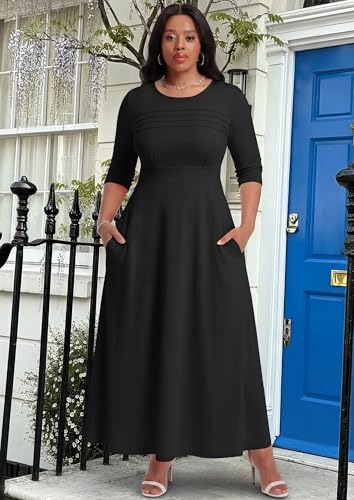 Image of FANDEE Fit-and-Flare Maxi Dress Round Neck Pleated Front Side Pockets | Front pleats soft flatter your bust shape; Empire Waist lengthen your figure; 3 /4 sleeves round neck suit for many occasions