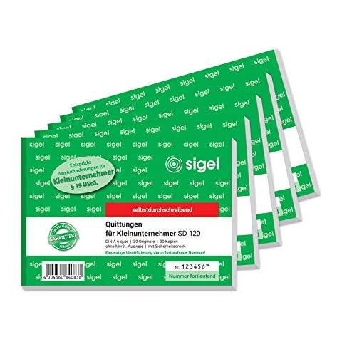 SIGEL SD120/5 Quittungsblock für Kleinunternehmer A6 quer, 2x30 Blatt, selbstdurchschreibend, 5 Stück Cover