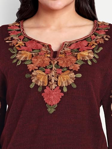 Image of HAUTEMODA Women Woollen Short Kashmiri Embroidery Phiran Kurta