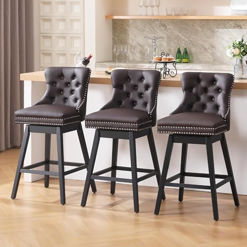 Image of Brown Leather Swivel Bar Stools Set of 3 with Back, 30 Inch Counter Height Chairs, Solid Wood Legs, Tufted Seat, Comfortable for Kitchen, Island, Home Bar (Brown, 30 inch H Seat, Set of 3)