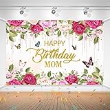 Happy Birthday Mom Backdrop Banner, Mother's Birthday Party Photography Backdrop Durable Fabric