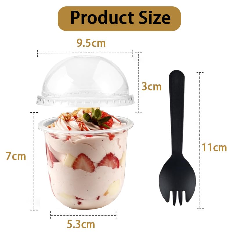 ZoneYan 50 Pezzi Tazze da Dessert Plastica, Rotonde Bicchieri Dessert, 250 ml, Finger Food Contenitori, Plastica Coppe Dessert, Coppette Desserts con Coperchio, Tazze Desserts con Cucchiaio (R)