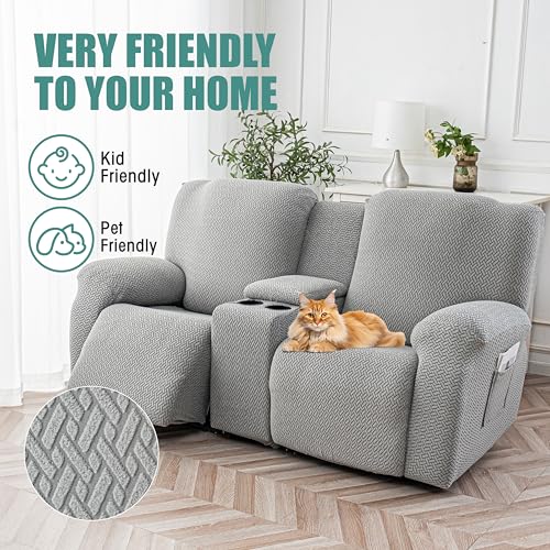 Image of Genina Recliner Loveseat Covers with Console, Stretch Reclining Sofa Covers, 2 Seater Couch Cushion Stripe Jacquard Recliner Slipcovers - Furniture Protector Covers for Pet Kid (Light Gray)