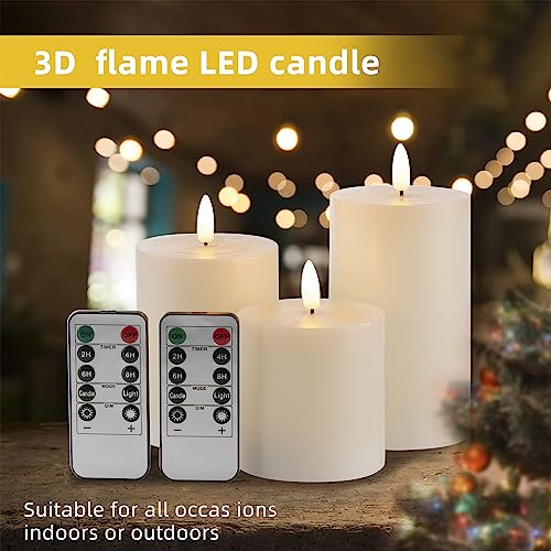 AKU TONPA Pack of 3 LED Flameless Flickering Battery Operated Candles with Remote and Timer, Real Wax Pillar Candles for Festival Wedding Christmas Home Party Decor (Ivory) - Thumbnail 3