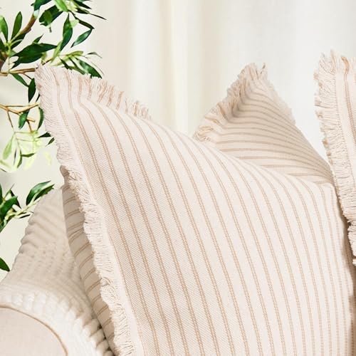 Image of ZWJD Throw Pillow Covers 24x24 Set of 2 Striped Pillow Covers with Fringe Chic Cotton Decorative Pillows Square Cushion Covers for Sofa Couch Bed Living Room Farmhouse Decor, (Khaki)