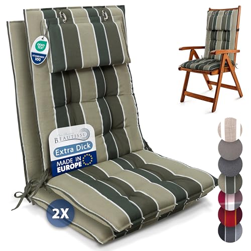 Beautissu 2er Set Premium Hochlehner Auflage mit Kopfpolster 120x50cm Sun-HL – 8cm Dick Polster...