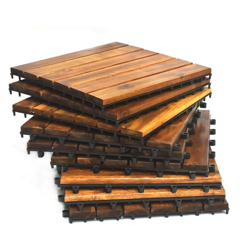 Image of Acacia Wooden Deck Tiles Wood Floor Decking Water Resistant Tile for Balcony, Terrace, Garden | Quick Flooring Solution for Indoor /Outdoor (Dark Brown - Pack of 10)