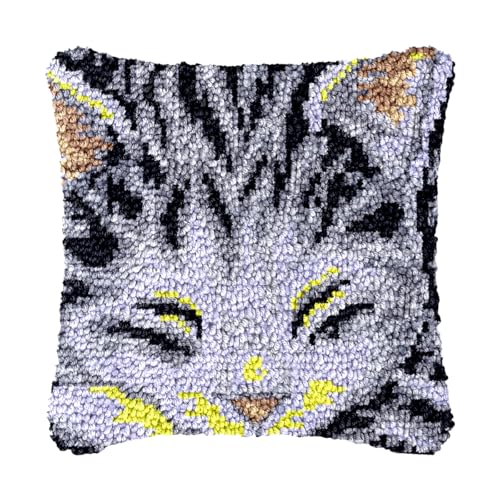 Image of bositigo Cat Latch Hook Pillow Kit for Adults & Kids, DIY Pre-Printed Canvas Craft, 17x17 Inch Decorative Cover for Sofa Cushions, Bedroom Decor (Cat Pattern 10)