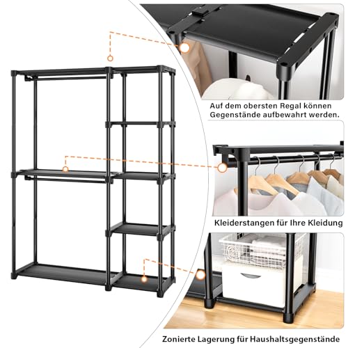 Mavivegue Kleiderschrank offen, Offen Kleiderschrank, 4 Stock Kleiderständer, Kleiderstange, Garderobe, 2 Hängefächer viel Platz, für Wohnzimmer, Schlafzimmer, 40 x 121 x 161 cm, Schwarz
