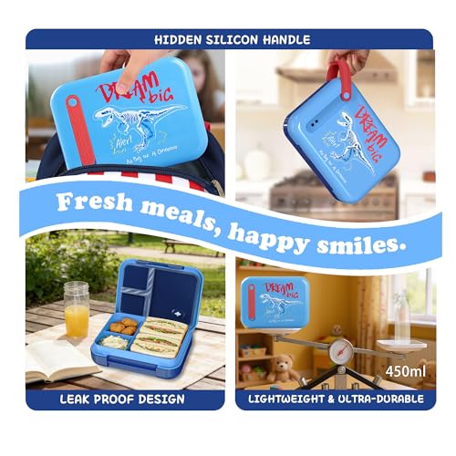 Image of Kids Bento Lunch Box for Boys & Girls - 4-Compartment Leak-Proof Lunch Container with Hidden Silicone Handle, Lightweight, BPA-Free, 855ml for School & Travel (Dinosaur)