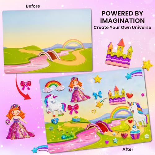 Image of TOYJOS Unicorn & Princess Foil Art and Craft Kit for Kids | No Mess No Glue DIY Activity | 220+ Pieces with Large Canvas | Screen-Free Creative Toy | Birthday Gift & Travel Toy for Girls Boys Ages 4 5 6 7 8 9
