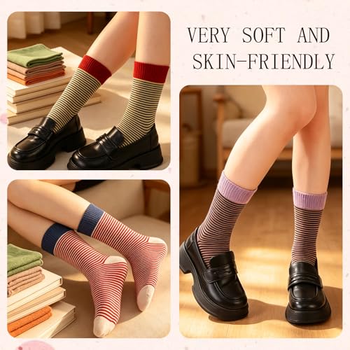 Image of Jspupifip Womens Strip Crew Socks 6 Pairs Cotton Casual Athletic Socks Cute College Style Ribbed Colorful Crew Sock