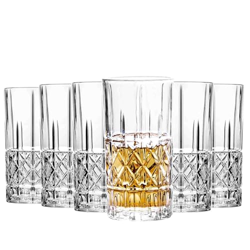 Tall Highball Glasses Set of 6, 14 Ounce Cups, Textured Designer Glassware for Drinking Water, Beer, or Soda, Trendy and Elegant Dishware, Dishwasher Safe