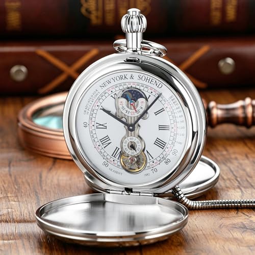 Image of Men's Mechanical Pocket Watch with Chain, Vintage Full Copper Hand-Wind Second&24hours Sub-dials Pocket Watches for Men with Box