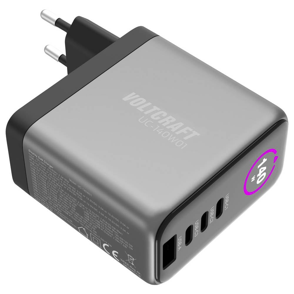 Voltcraft UC-140W01 - Cargador USB (1 puerto USB-A, 3 puertos USB-C® USB PD negro, GaN, USB Power Delivery (USB-D), cargador rápido