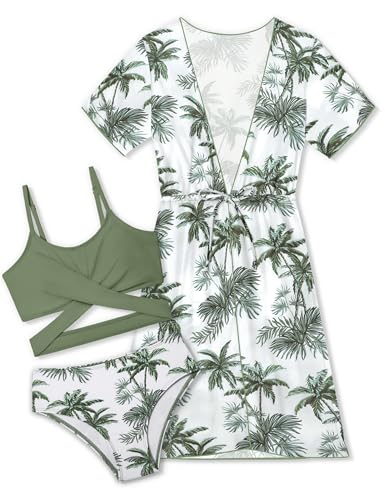Girls Swimsuit 3 Piece Tropical Print Bikini Set Criss Cross Bathing Suit with Drawstring Quick Dry Cover Up 7-16Y