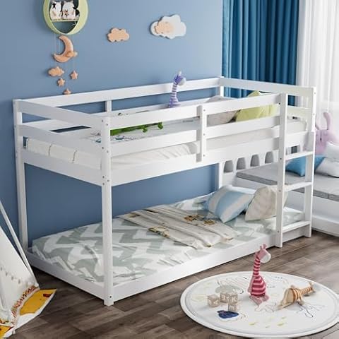 i-POOK Twin Over Twin Bunk Bed, Low Floor Twin Bunk Beds Frame with Ladder & Full-Length Guardrail for Childs, Dormitory and Bedroom, 400LBS Capacity, Easy Assemble, White Cover