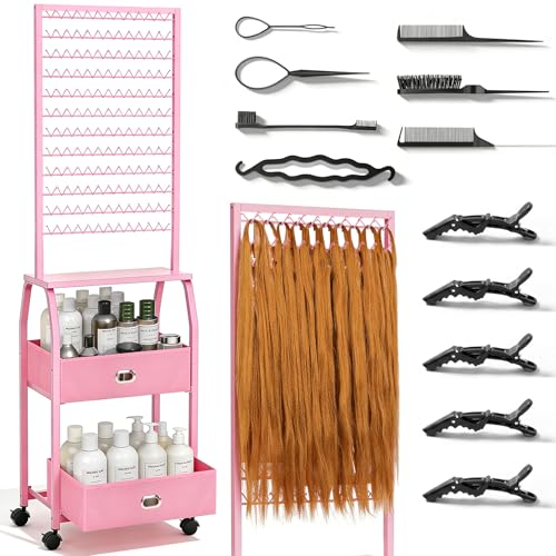 Portable Braiding Hair Rack with Wheels & Storage Drawers 2-Sided 288 Pegs Hair Extension Holder Hanger for Braiding Hair Separator Stand Display Hair Rack with Stylist Hair braiding ToolsPink