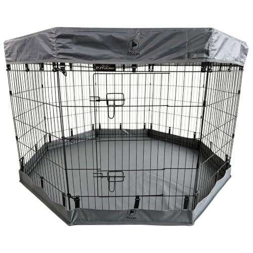 Image of PJYuCien Puppy Playpen with Top Cover & Bottom Pad, 8 Panels 36 inch H, Gray | 24 inchW, Medium Pet Safe Sanctuary, Foldable Octagonal Pen, Versatile, Indoor & Outdoor, Backyard Pasture, Protects Floors