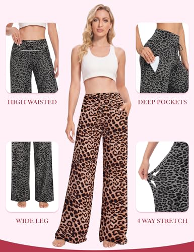 Image of Showitty 1 /3 Pack Women's Wide Leg Pants with Pockets, Casual Loose Pajama Palazzo Trousers Sweatpants for Yoga Lounge