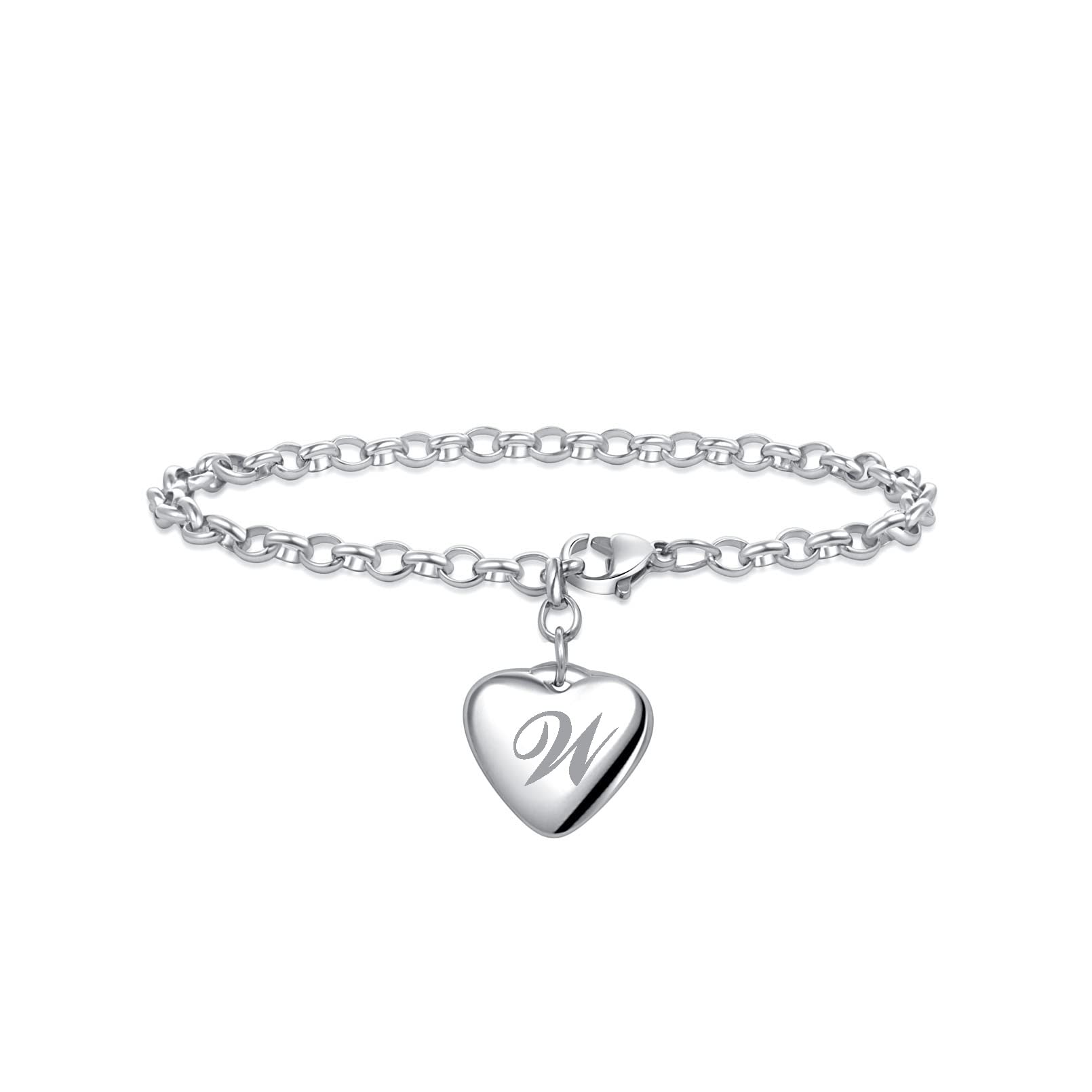 Chili Jewelry Women A to Z Initial Letter Charm Bracelets Stainless Steel Alphabet Heart 26 Letters Link Bracelet for Mens Birthday Gifts