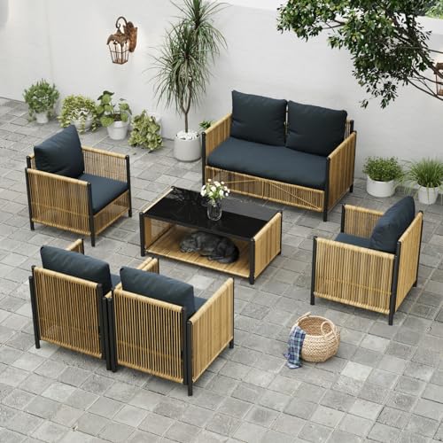 Image of 6 Pieces Aluminum Outdoor Patio Furniture Set - 4 Pcs Armchair, Loveseat & Dual-Layer Coffee Table - Rope Sectional Conversation Sofa Sets with Washable Thick Cushion for Garden Backyard Porch