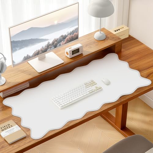 Image of Leather Desk Mat, XXL Large 31.4x15.7in Scalloped Gaming Mouse pad,Non-Slip Rubber Base Keyboard Pad Mousepad for Laptop Computer Game Home Office,Waterproof and Oilproof Desktop Mat I White