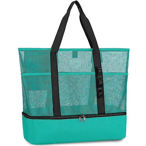 UYLIA 8 Taschen Tote Mesh Strandtasche Damen Groß Faltbare mit Wasserdichter Kühltasche für Spielzeugaufbewahrung Strand Reise Picknick, Shopper Handtasche Badetasche Umhängetasche（grün）