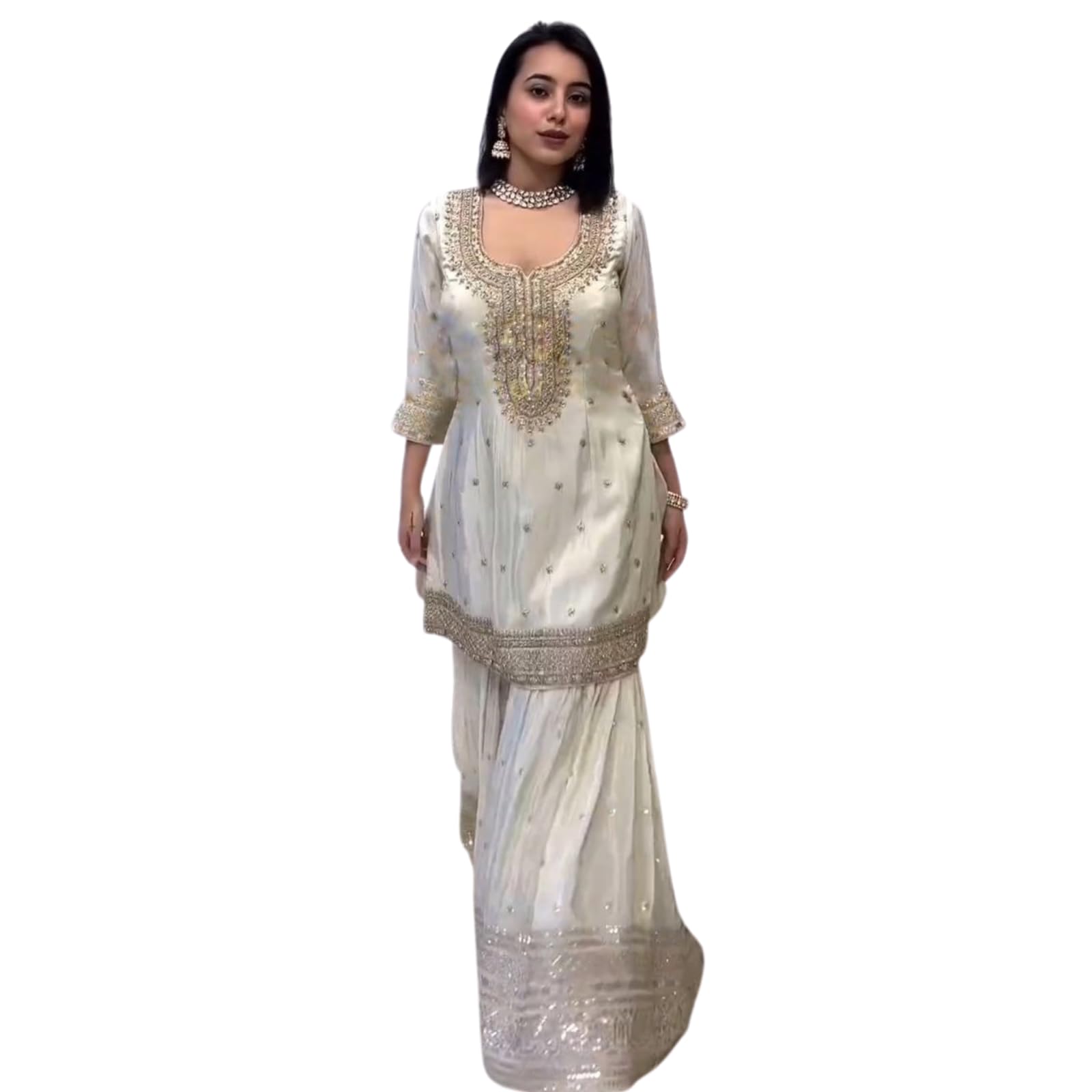 Designer Embroidered Sharara Suit, White Silk with Gold Embellishments, Three-Quarter Sleeves