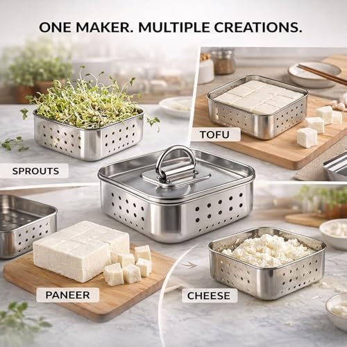 Image of Paneer Maker for Home Use | Stainless Steel Paneer Maker Steel with Drain System | Paneer Maker Mould Press, Paneer Press & Tofu Press | Durable Reusable Paneer Strainer Kitchen Tool (350 ml)
