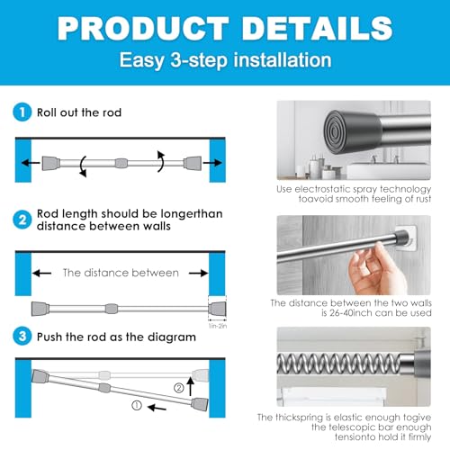 Image of MEXAU 1Pack Spring Tension Curtain Rod 26-39 inch Silver Small Tension Rod