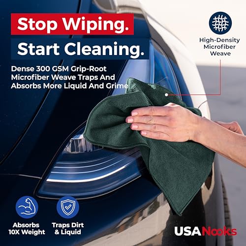 Image of USANOOKS Premium 300GSM Microfiber Cleaning Cloth - 12.5 inchx12.5 inch High Performance - 1200 Washes, Ultra Absorbent Microfiber Towels for Cars Undercarriage, Rims & Engine Bay Cleaning - Microfiber Cloth