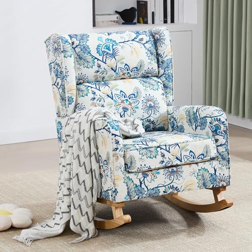 Image of HCHAIRH Rocking Chair Nursery for Mom Nursery Rocker with High Backrest and Solid Wood Legs, Modern Wingback Accent Chair for Bedroom Reading Living Room, Blue Floral
