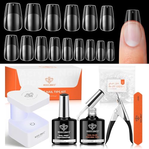 Modelones Gel Nail Kit Short Coffin Upgrade 510Pcs Fake Nails 15Sizes 9-in-One Glue Prep Dehydrator & Mini U V Light Clipper Pre-shaped Half Matte Press on Short Coffin Tips for DIY Salon