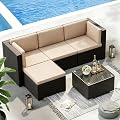 SUNCROWN 5-Piece Outdoor Patio Furniture Set, All-Weather PE Rattan Sectional Sofa with Ottoman, Glass Coffee Table & Cushions, Modular Wicker Conversation Set for Backyard, Garden, Porch, Beige