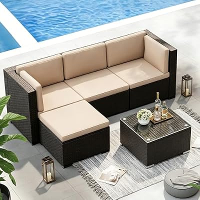 SUNCROWN 5-Piece Outdoor Patio Furniture Set, All-Weather PE Rattan Sectional Sofa with Ottoman, Glass Coffee Table & Cushions, Modular Wicker Conversation Set for Backyard, Garden, Porch, Beige