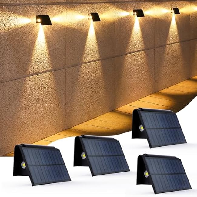3LED Solar Fence Lights Outdoor, Bright Wall Light Dusk to Dawn, Ip65 Waterproof Solar Powered Lights for Deck/Pool/Patio/Yard/Garage/Proch(Warm White, 4 Pack)