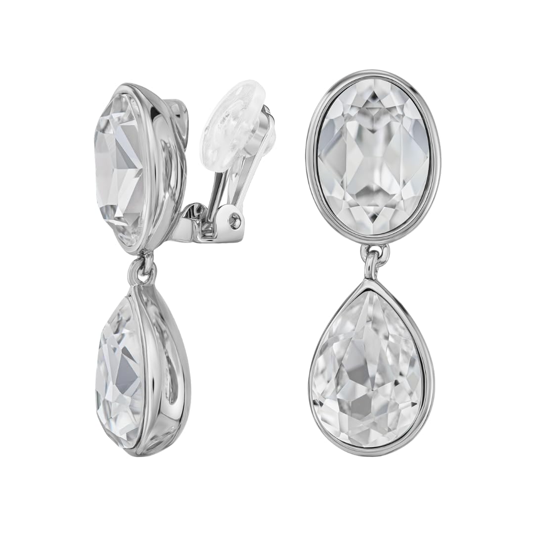 Traveller Orecchini a clip – da donna – color argento – cristalli – ovali e gocce – platinati – 35 x 12 mm – 157831