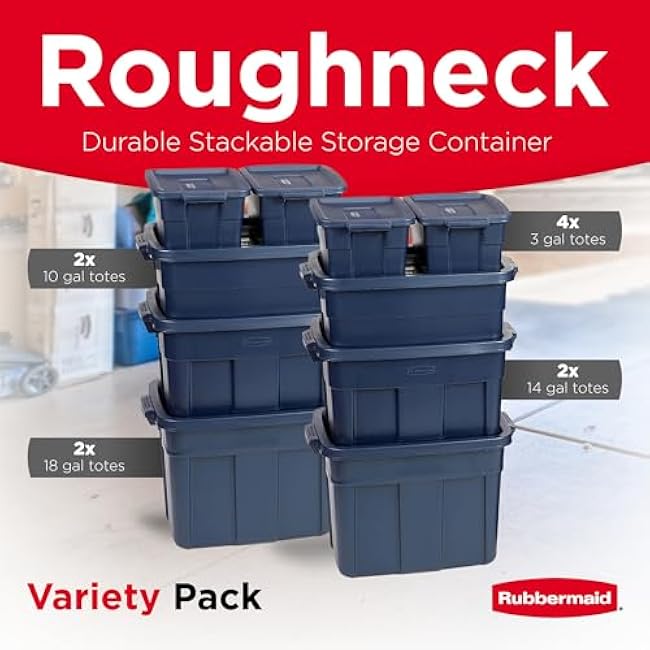 Rubbermaid Roughneck Tote Variety - |Made in the USA| Dark Indigo Metallic, Rugged Plastic Stackable Storage Tote with Lid and Handles (Pack of 10)