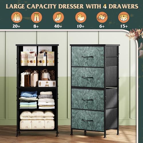 Image of WLIVE Dresser with 4 Drawers, Storage Tower, Organizer Unit, Fabric Dresser for Bedroom, Hallway, Entryway, Closets, Sturdy Steel Frame, Wood Top, Easy Pull Handle, Vintage Green